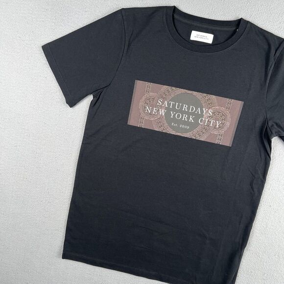 NWOT Saturdays NYC Black Mosaic Block Short Sleeve Crew Neck Shirt Men’s Size XS - Picture 4 of 16